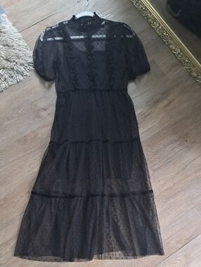 H&M Black Sheer Dotted Tiered Midi Dress